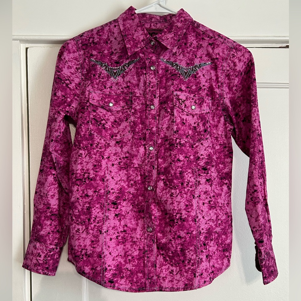 Cowgirl Hardware Pink Rhinestone Snap Embellished Button Up Shirt Girls Medium